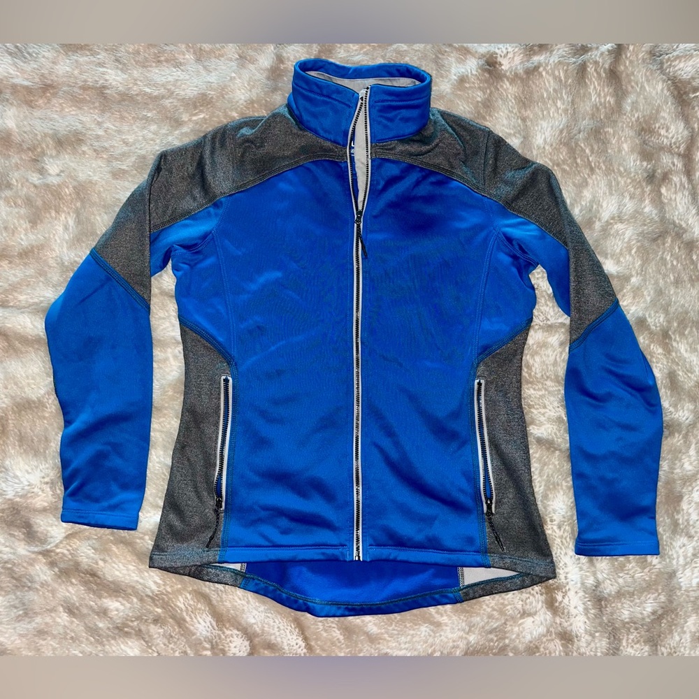 Elevate Women's Blue Gray Softshell Track Jacket Full Zip Zipped Pockets Size M
